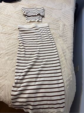 Women's Cream and Brown Striped Knit Two-Piece Skirt Set